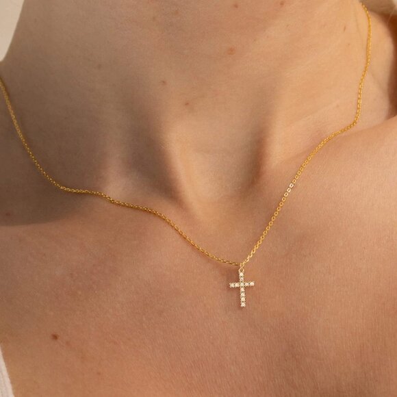 3/$35 18K Gold Plated Diamond Copper Cross Cubic Zirconia CZ Pendant Necklace - Picture 5 of 9